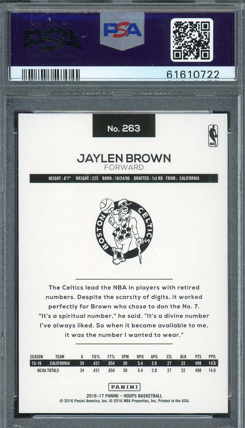 Jaylen Brown 2016 Panini Hoops Rookie Card RC #263 Graded PSA 10-Powers Sports Memorabilia