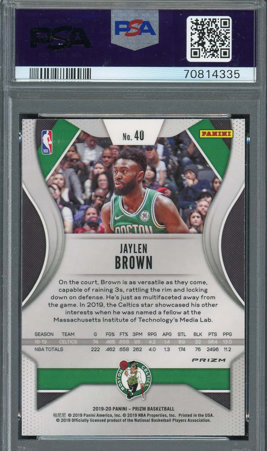 Jaylen Brown 2019 Panini Green Prizm Basketball Card #40 Graded PSA 10-Powers Sports Memorabilia
