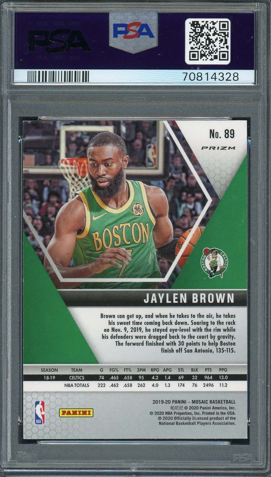 Jaylen Brown 2019 Panini Mosaic Silver Prizm Basketball Card #89 Graded PSA 9-Powers Sports Memorabilia
