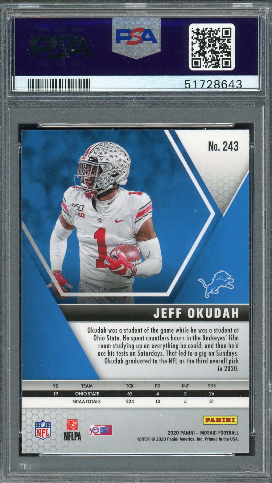 Jeff Okudah 2020 Panini Mosaic Football Rookie Card RC #243 PSA 9-Powers Sports Memorabilia