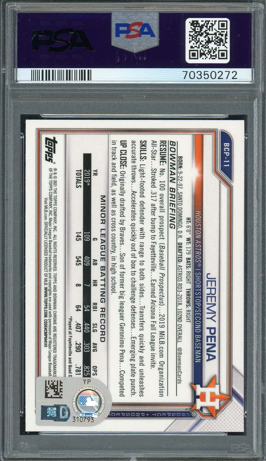Jeremy Pena 2021 Bowman Chrome Signed Rookie Card #BCP11 Auto PSA 70350272-Powers Sports Memorabilia