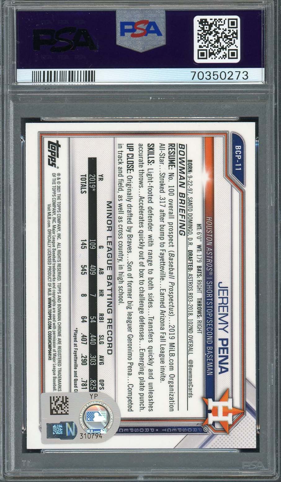 Jeremy Pena 2021 Bowman Chrome Signed Rookie Card #BCP11 Auto PSA 70350273-Powers Sports Memorabilia