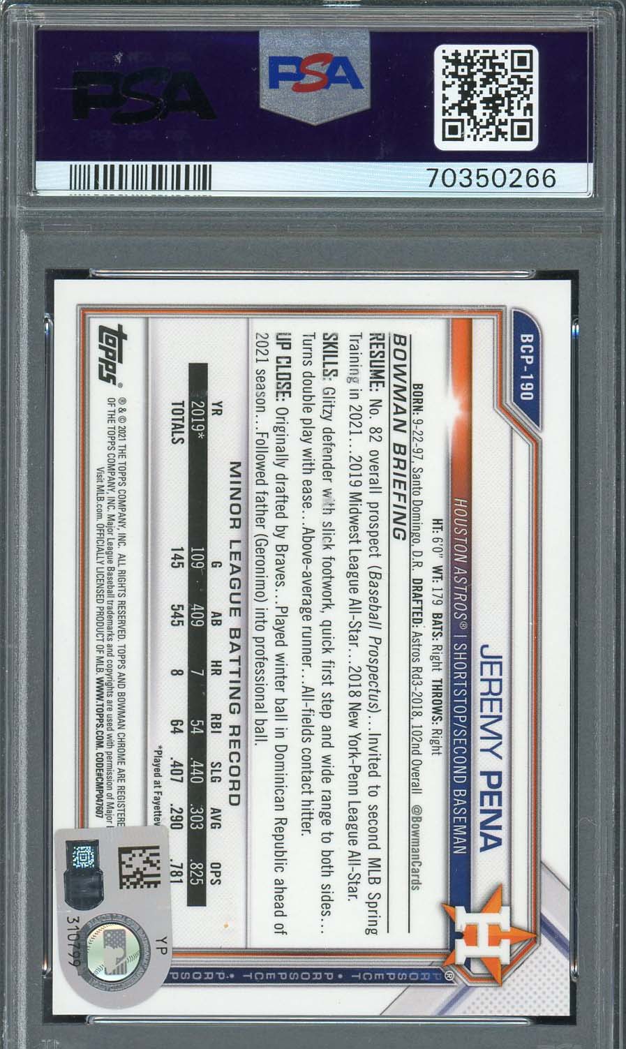 Jeremy Pena 2021 Bowman Chrome Orange Refractor Rookie Card #BCP190 Auto PSA-Powers Sports Memorabilia