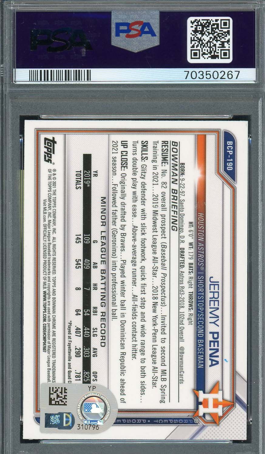 Jeremy Pena 2021 Bowman Chrome Signed Rookie Card #BCP190 Auto PSA 70350267-Powers Sports Memorabilia