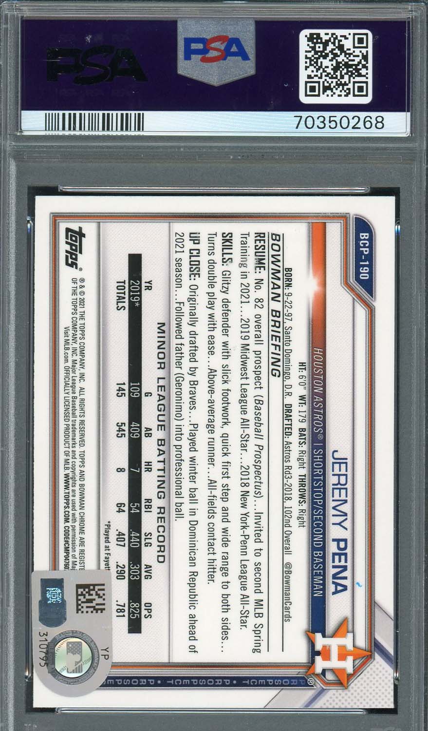 Jeremy Pena 2021 Bowman Chrome Signed Rookie Card #BCP190 Auto PSA 70350268-Powers Sports Memorabilia