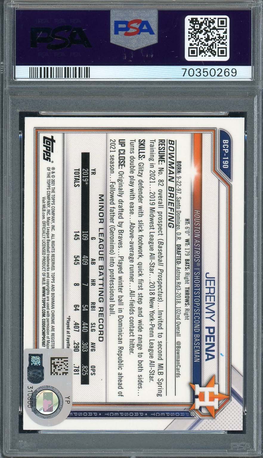 Jeremy Pena 2021 Bowman Chrome Signed Rookie Card #BCP190 Auto PSA 70350269-Powers Sports Memorabilia