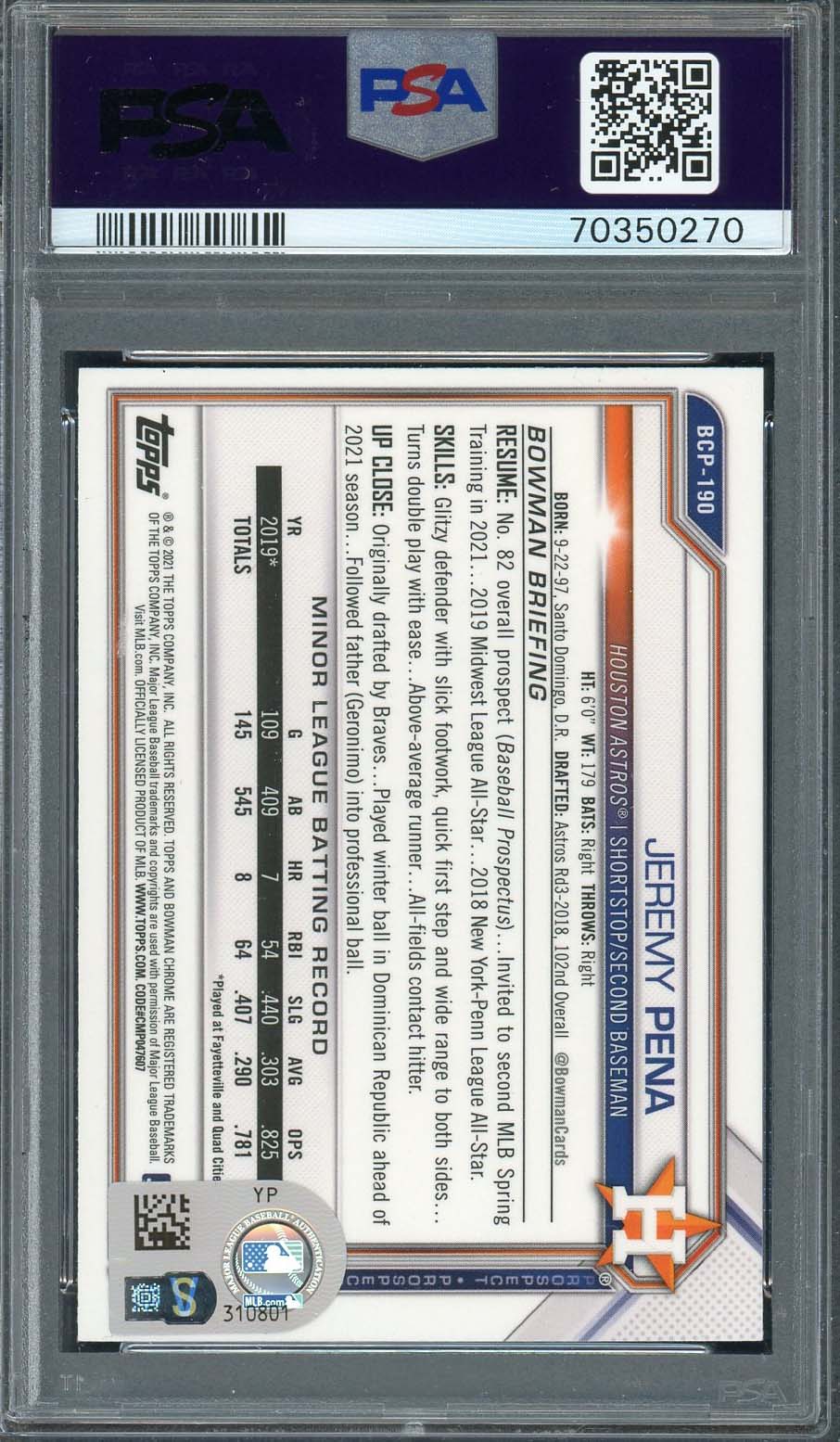 Jeremy Pena 2021 Bowman Chrome Signed Rookie Card #BCP190 Auto PSA 70350270-Powers Sports Memorabilia