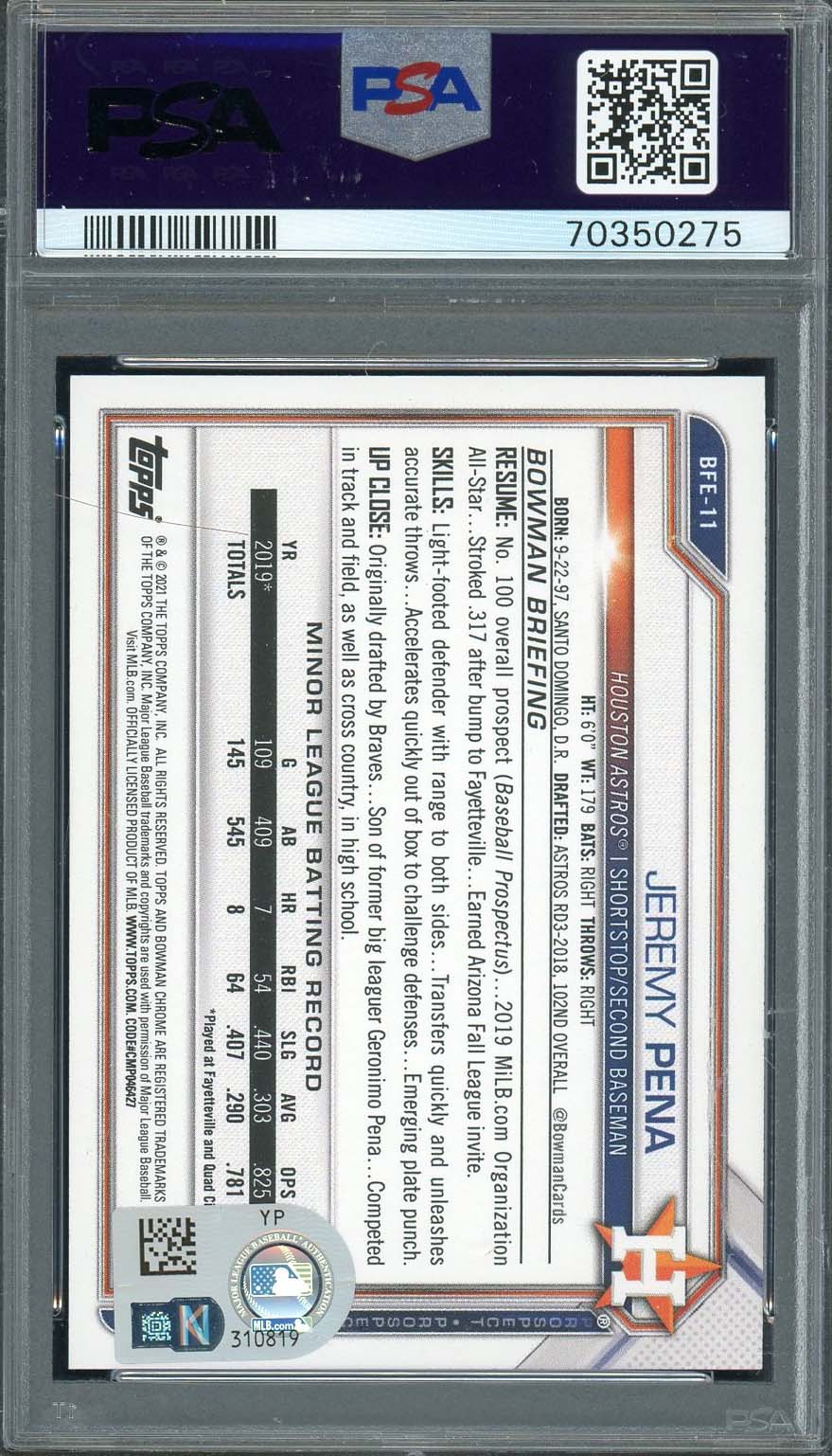 Jeremy Pena 2021 Bowman 1st Edition Signed Rookie Card #BFE11 Auto PSA 70350275-Powers Sports Memorabilia