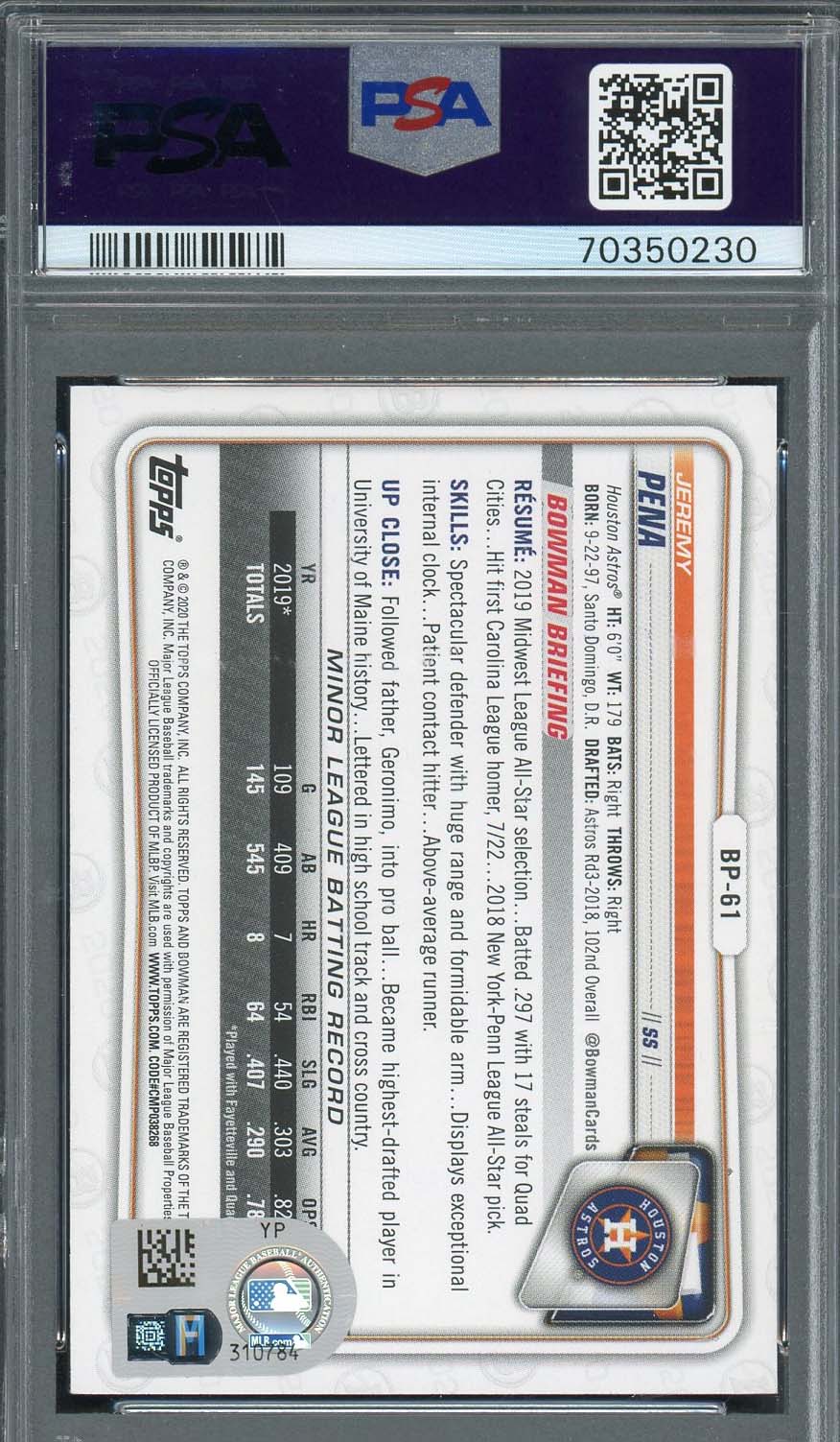 Jeremy Pena 2020 1st Bowman Paper Prospects Signed Rookie Card #BP61 Auto PSA 10-Powers Sports Memorabilia