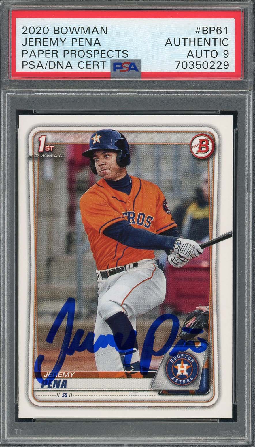 Jeremy Pena 2020 1st Bowman Paper Prospects Signed Rookie Card #BP61 Auto PSA 9-Powers Sports Memorabilia
