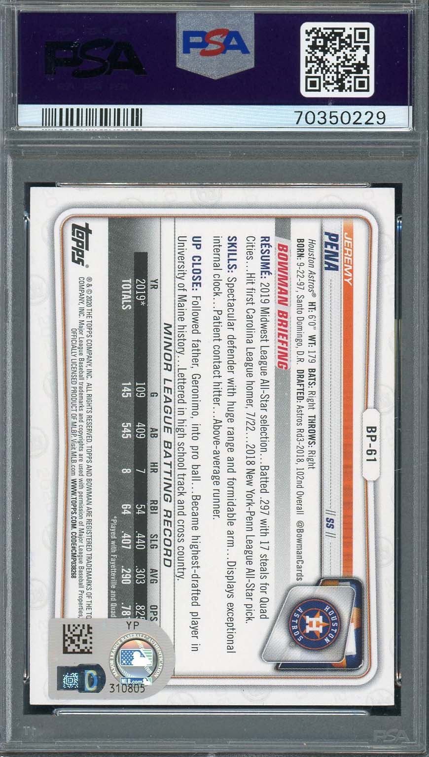 Jeremy Pena 2020 1st Bowman Paper Prospects Signed Rookie Card #BP61 Auto PSA 9-Powers Sports Memorabilia
