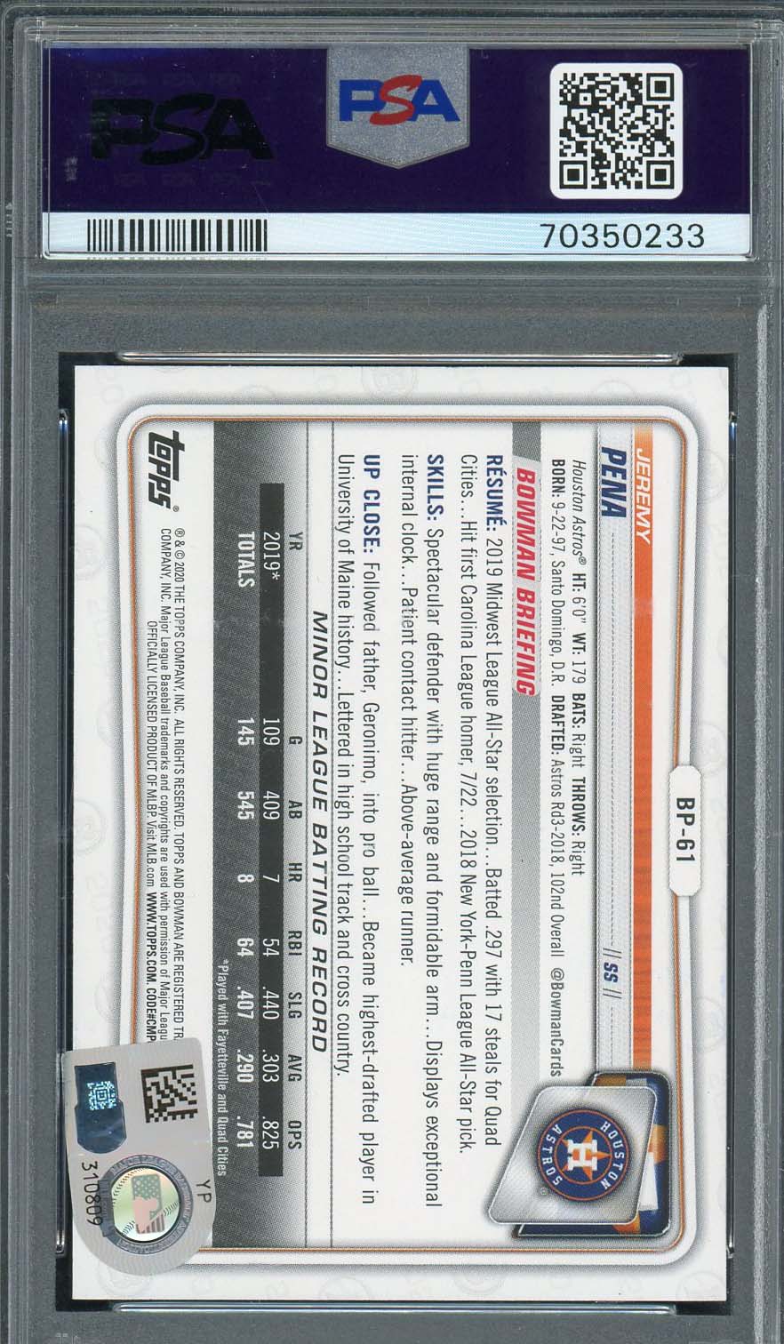 Jeremy Pena 2020 1st Bowman Prospects Signed Rookie Card #BP61 Auto PSA 9 0233-Powers Sports Memorabilia