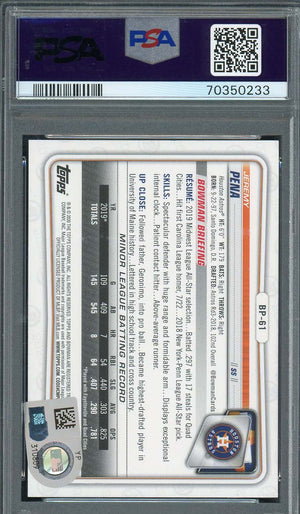 Jeremy Pena 2020 1st Bowman Prospects Signed Rookie Card #BP61 Auto PSA 9 0233-Powers Sports Memorabilia