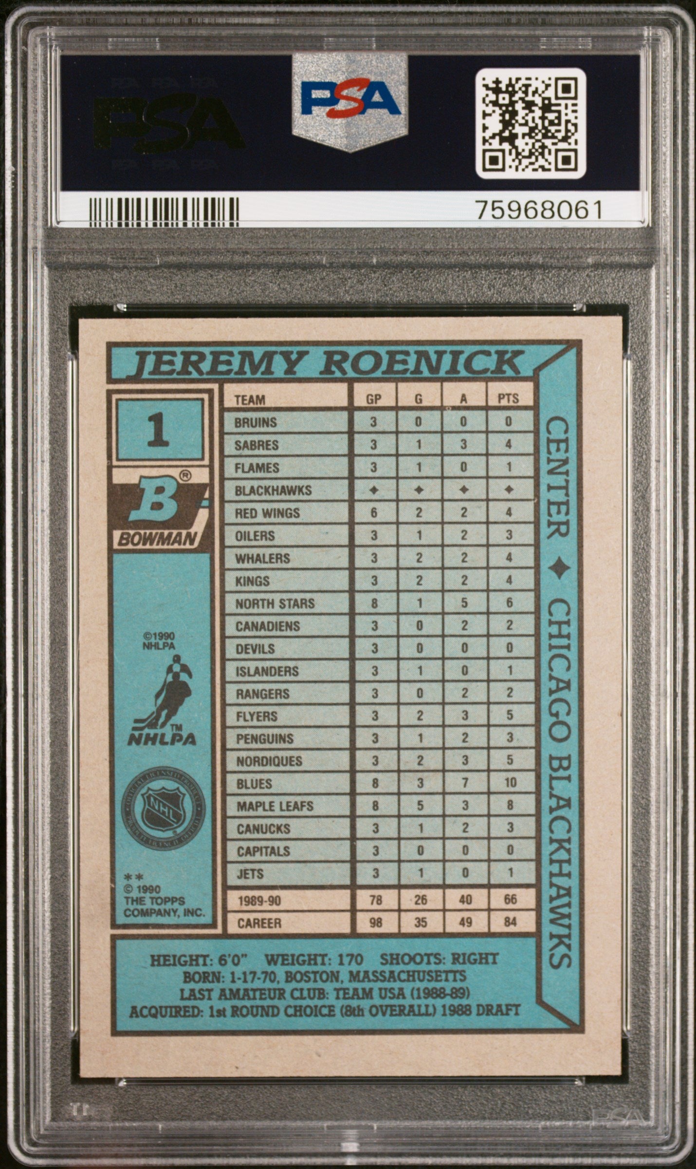 Jeremy Roenick 1990 Bowman Signed Hockey Rookie Card #1 Auto PSA 10 75968061-Powers Sports Memorabilia