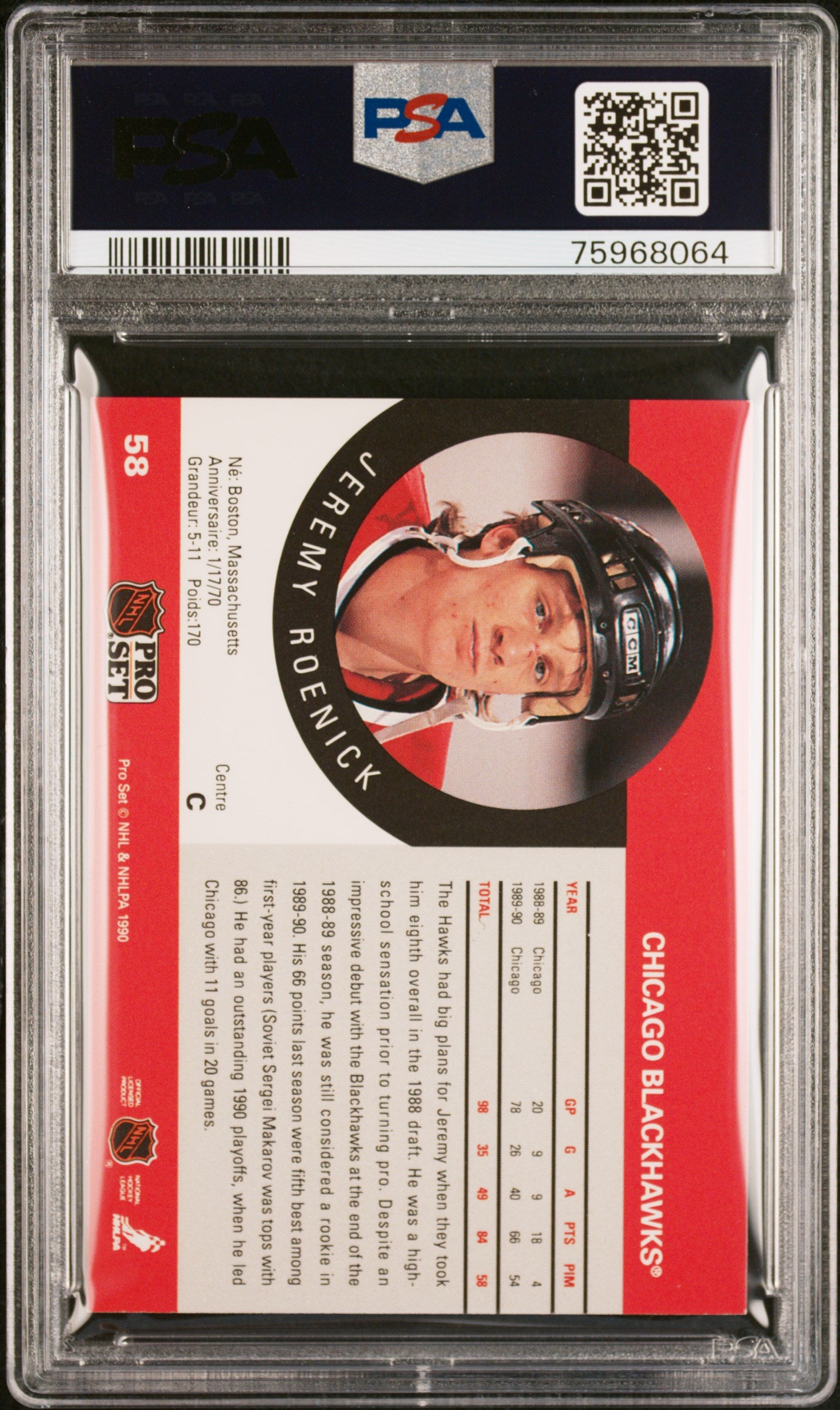 Jeremy Roenick 1990 Pro Set Signed Hockey Rookie Card #58 Auto PSA 10 75968064-Powers Sports Memorabilia