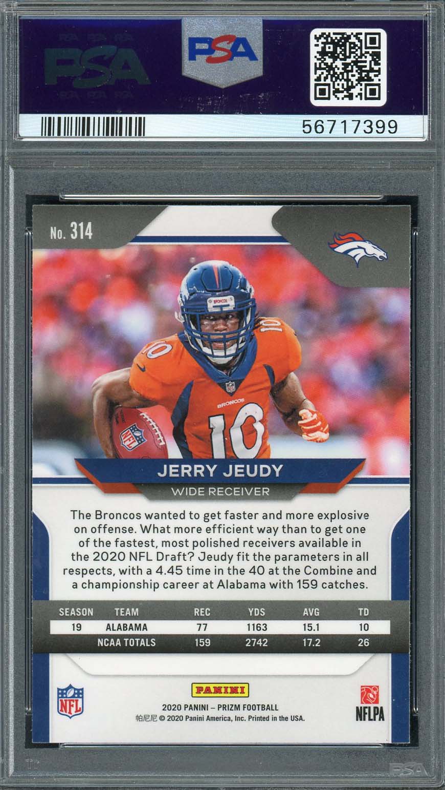 Jerry Jeudy 2020 Panini Prizm Football Rookie Card RC #314 Graded PSA 10-Powers Sports Memorabilia