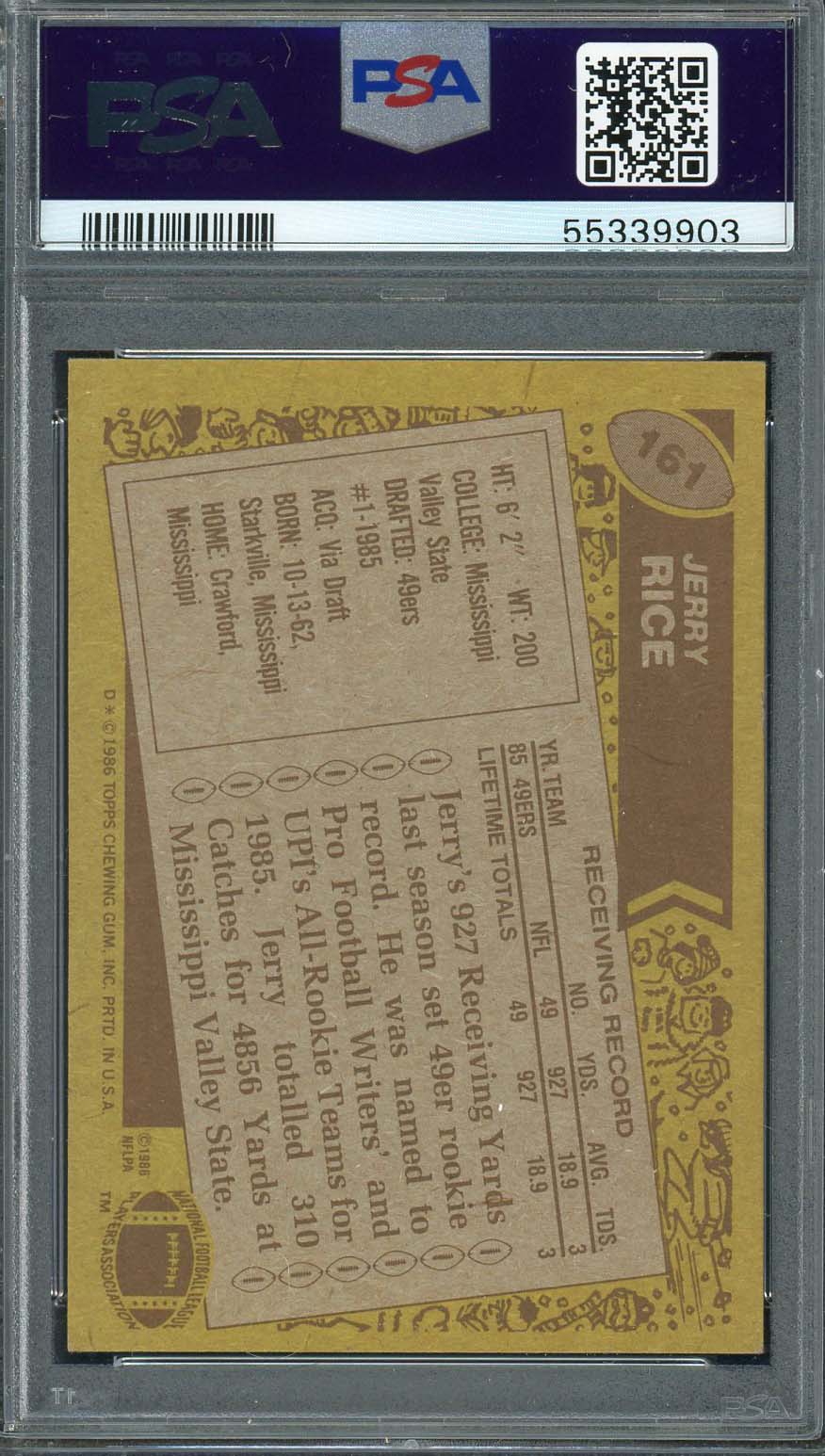Jerry Rice 1986 Topps Football Rookie Card RC #161 Graded PSA 6-Powers Sports Memorabilia