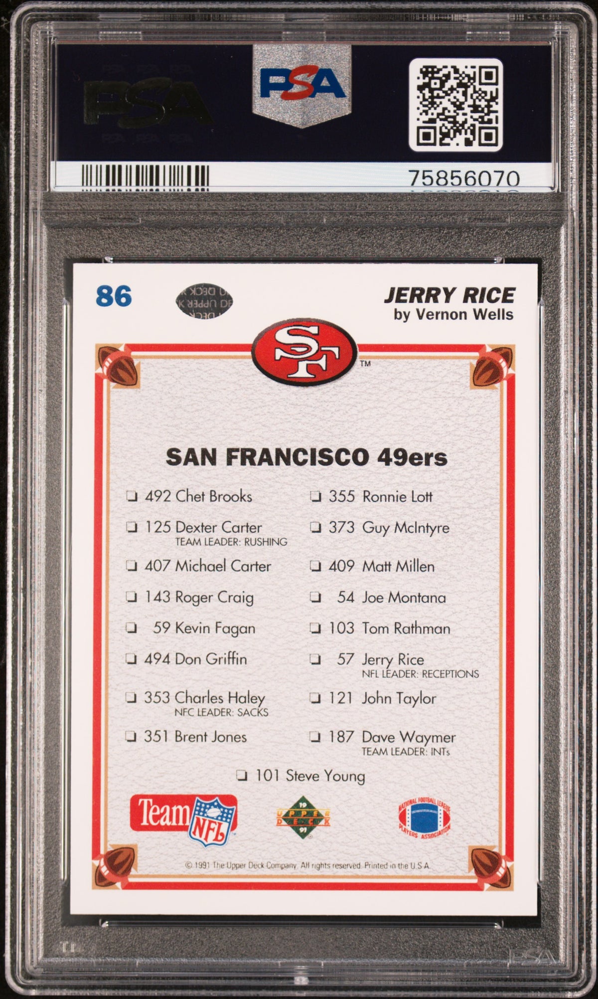 Jerry Rice 1991 Upper Deck Collectors Checklist Football Card #86 Graded PSA 10