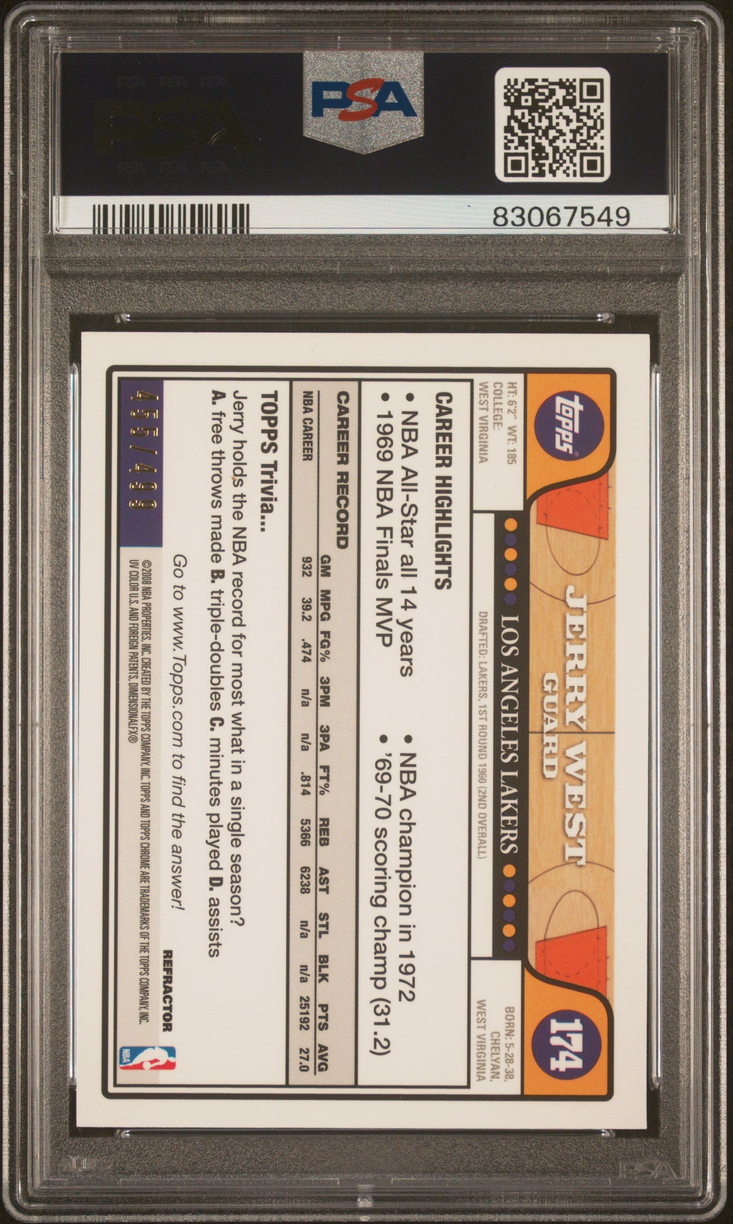 Jerry West 2008 Topps Chrome Orange Refractor Card #174 Auto PSA 10 455/499-Powers Sports Memorabilia