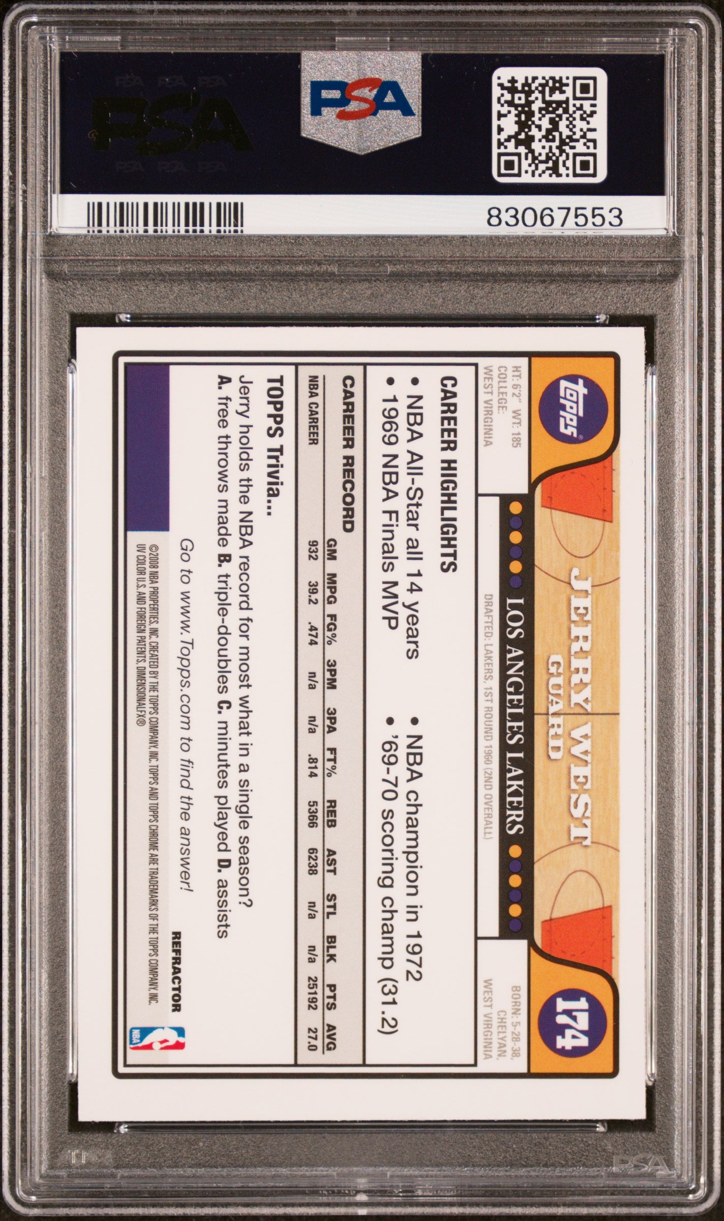 Jerry West 2008 Topps Chrome Refractor Signed Card #174 Auto Graded PSA 10-Powers Sports Memorabilia