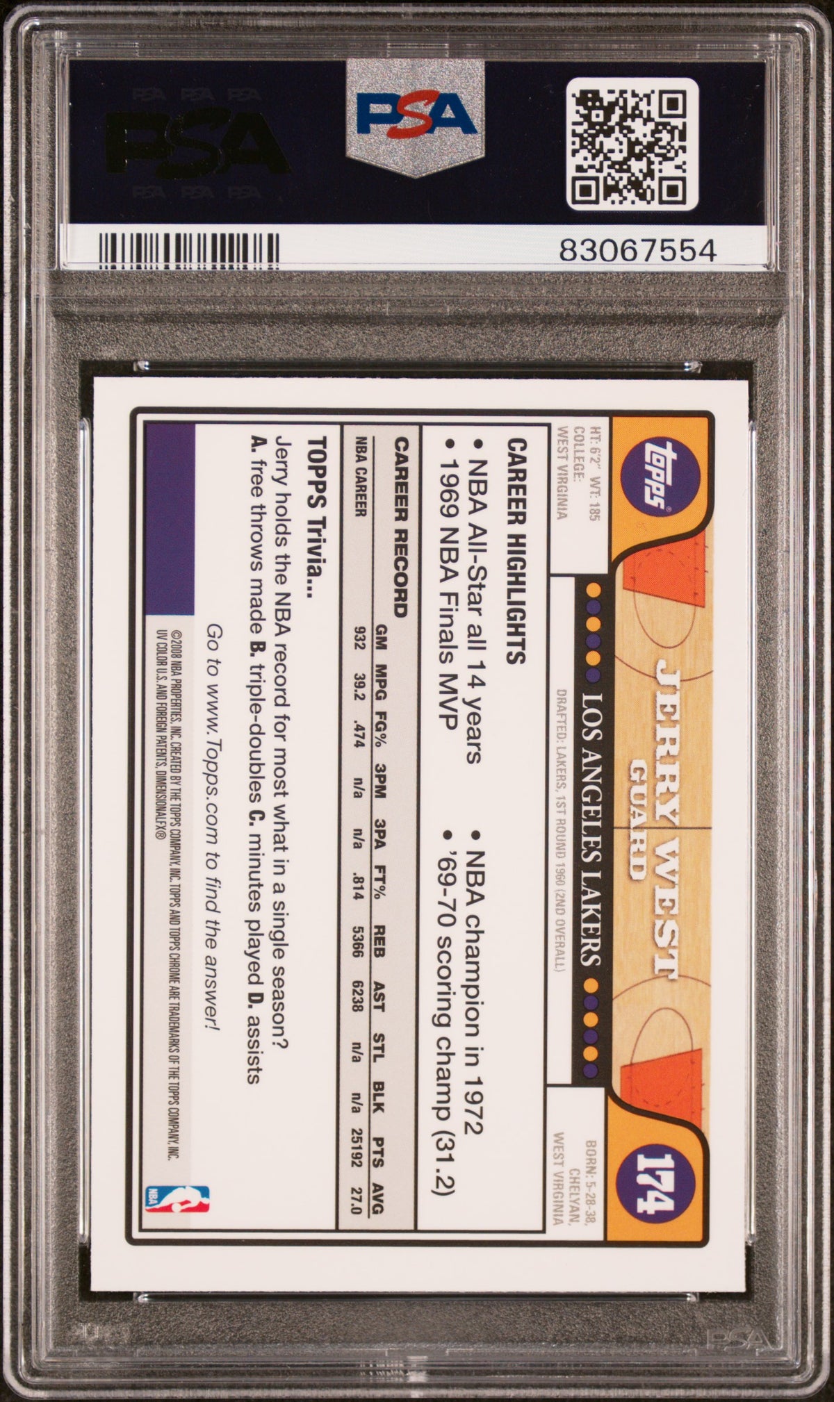 Jerry West 2008 Topps Chrome Signed Card #174 Auto Graded PSA 10 83067554-Powers Sports Memorabilia