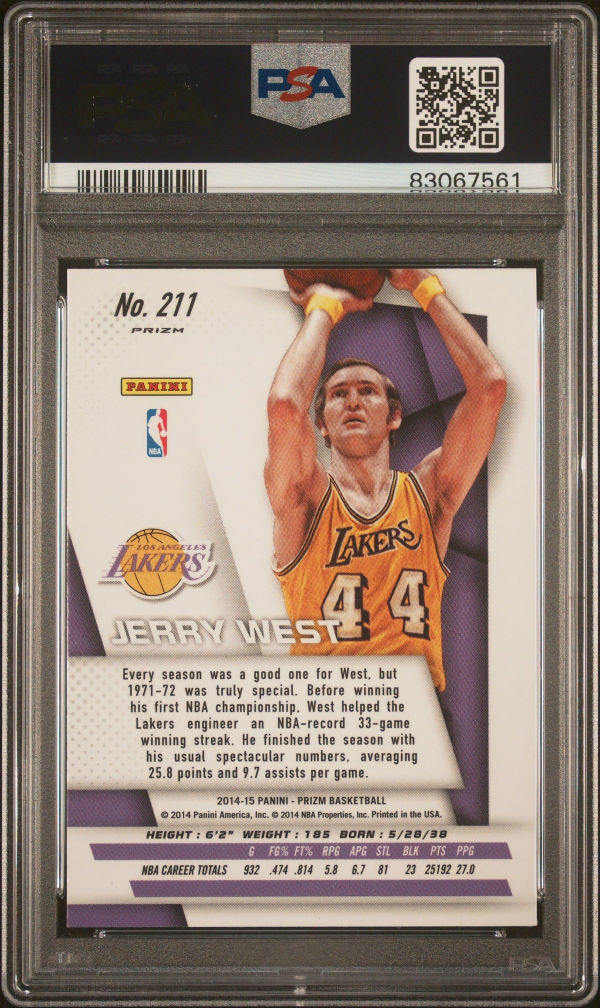 Jerry West 2014 Panini Silver Prizm Signed Card #211 Auto Graded PSA 10 83067561-Powers Sports Memorabilia