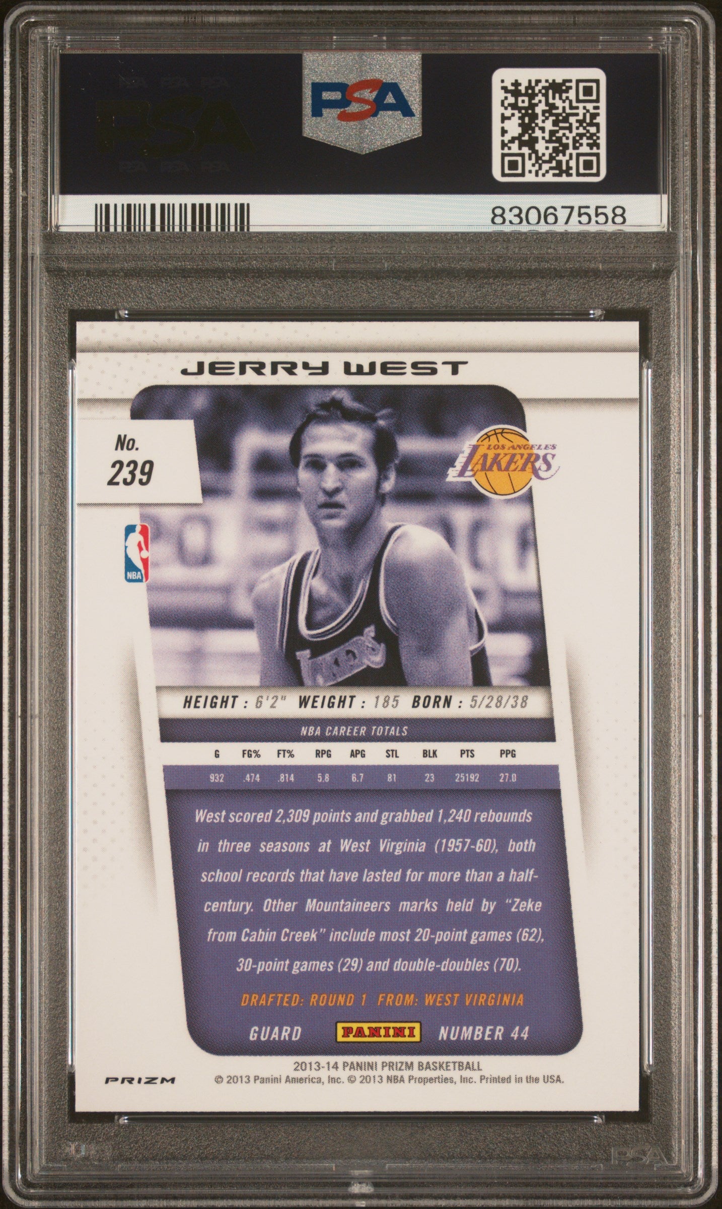 Jerry West 2013 Panini Silver Prizm Signed Card #239 Auto Graded PSA 10 83067558-Powers Sports Memorabilia