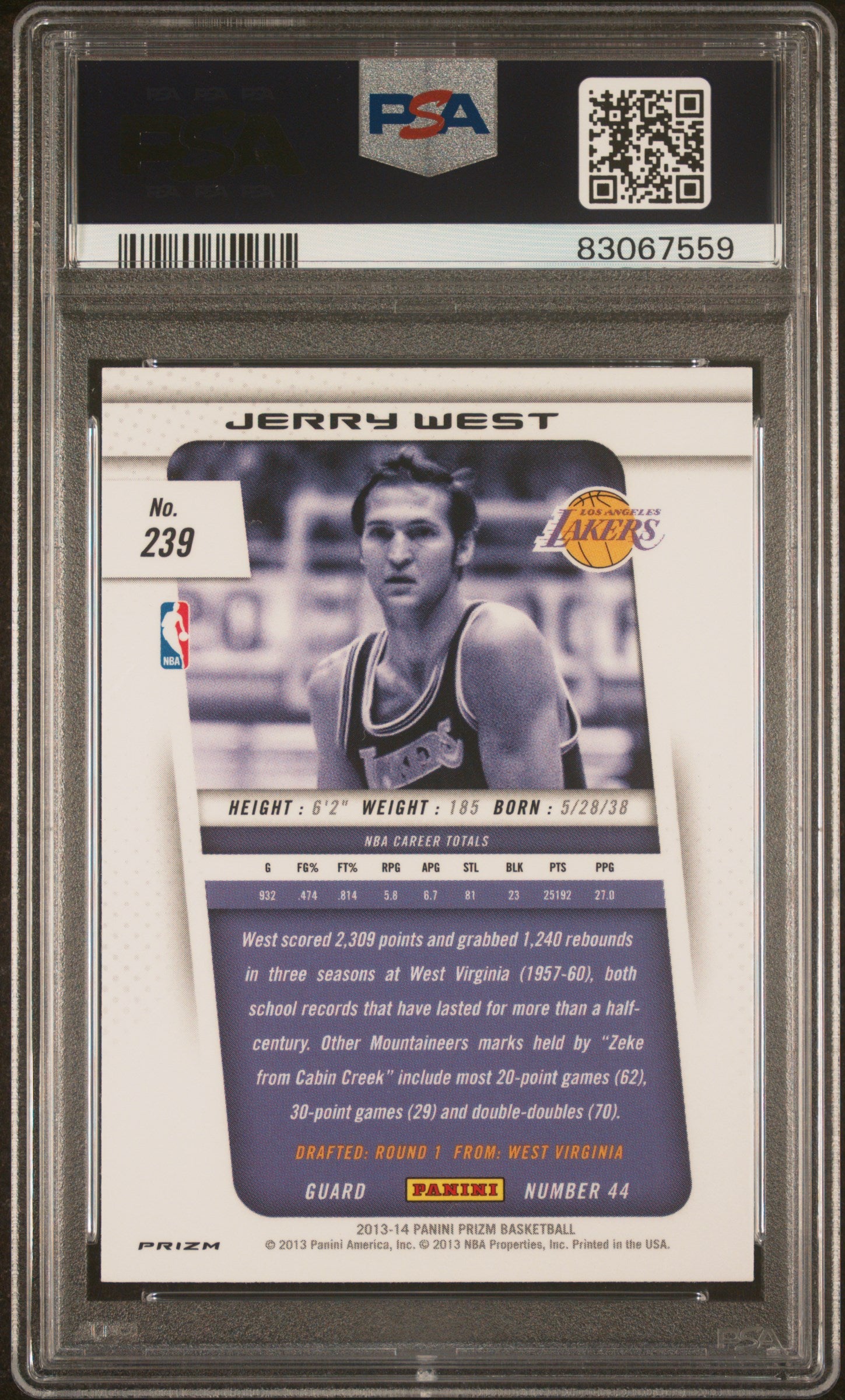 Jerry West 2013 Panini Silver Prizm Signed Card #239 Auto Graded PSA 10 83067559-Powers Sports Memorabilia