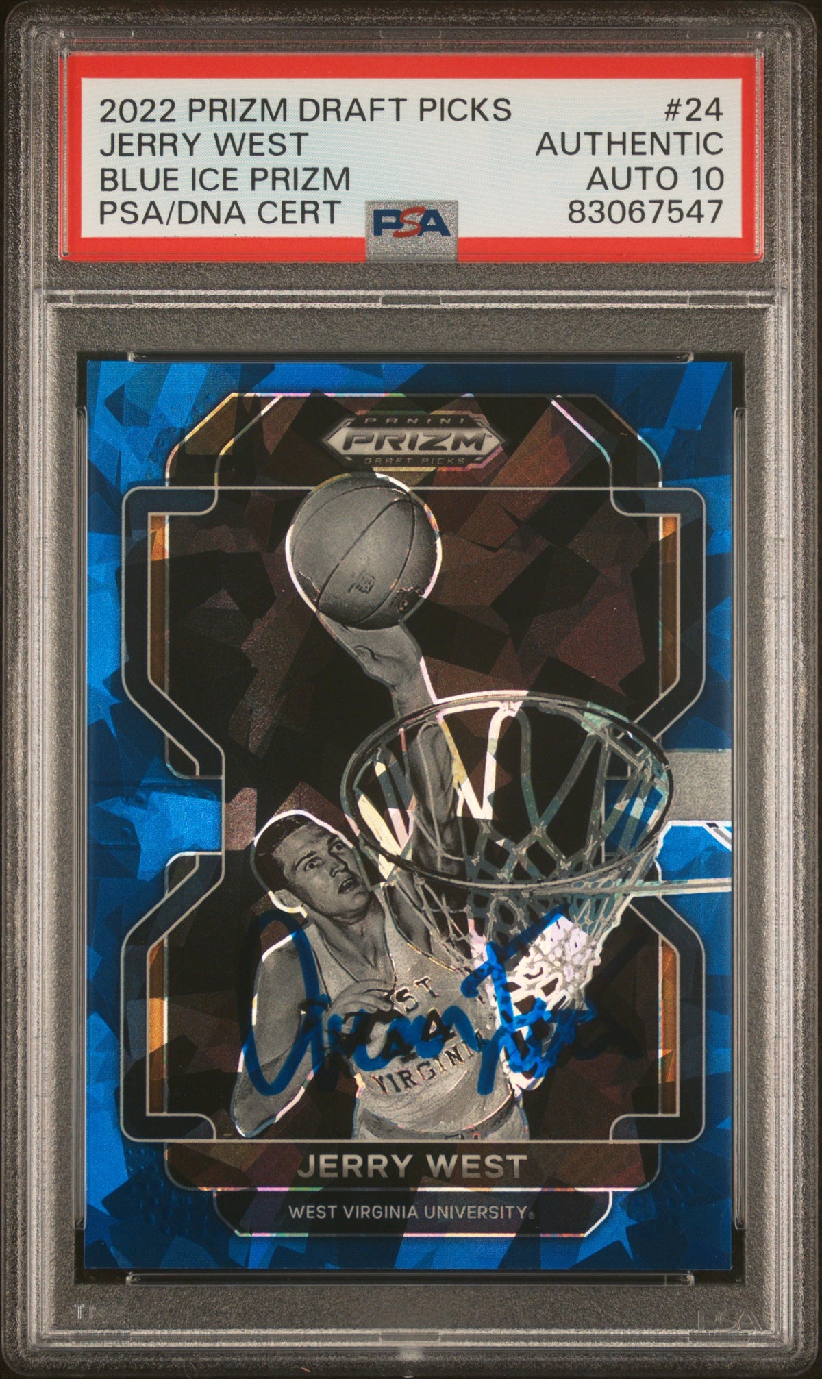 Jerry West 2022 Panini Prizm Blue Ice Signed Card #24 Auto Graded PSA 10 47/99-Powers Sports Memorabilia