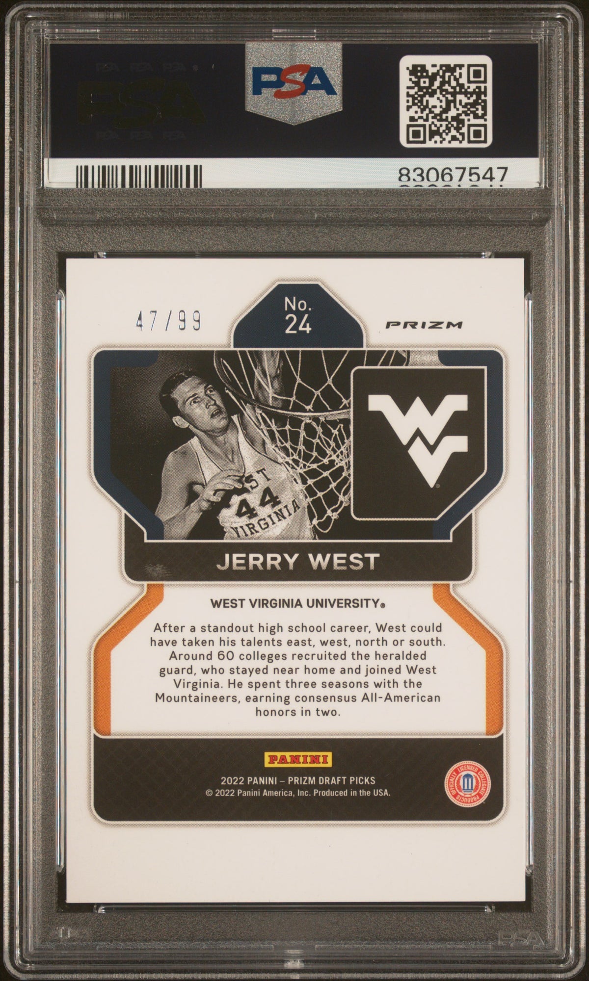 Jerry West 2022 Panini Prizm Blue Ice Signed Card #24 Auto Graded PSA 10 47/99-Powers Sports Memorabilia