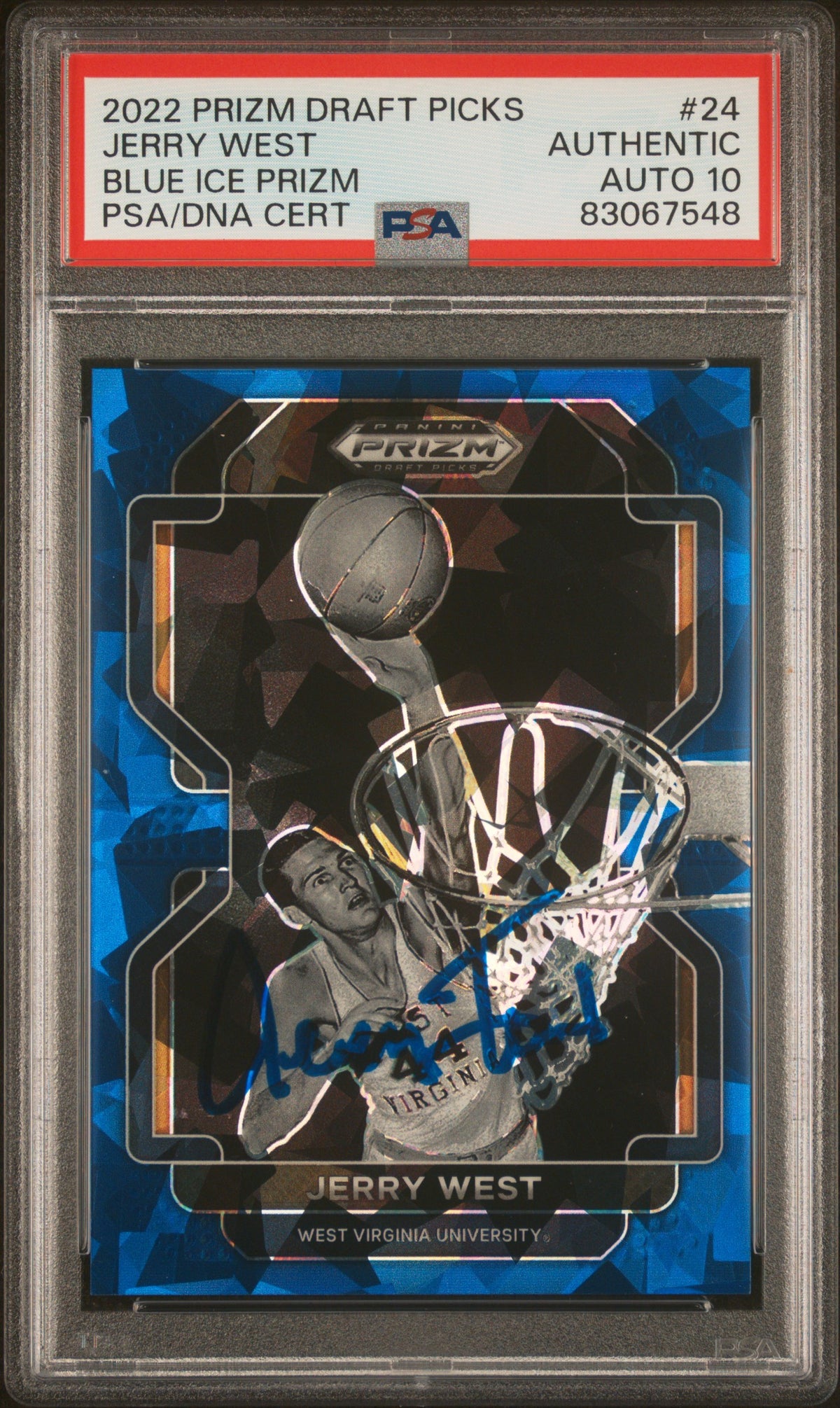 Jerry West 2022 Panini Prizm Blue Ice Signed Card #24 Auto Graded PSA 10 76/99-Powers Sports Memorabilia