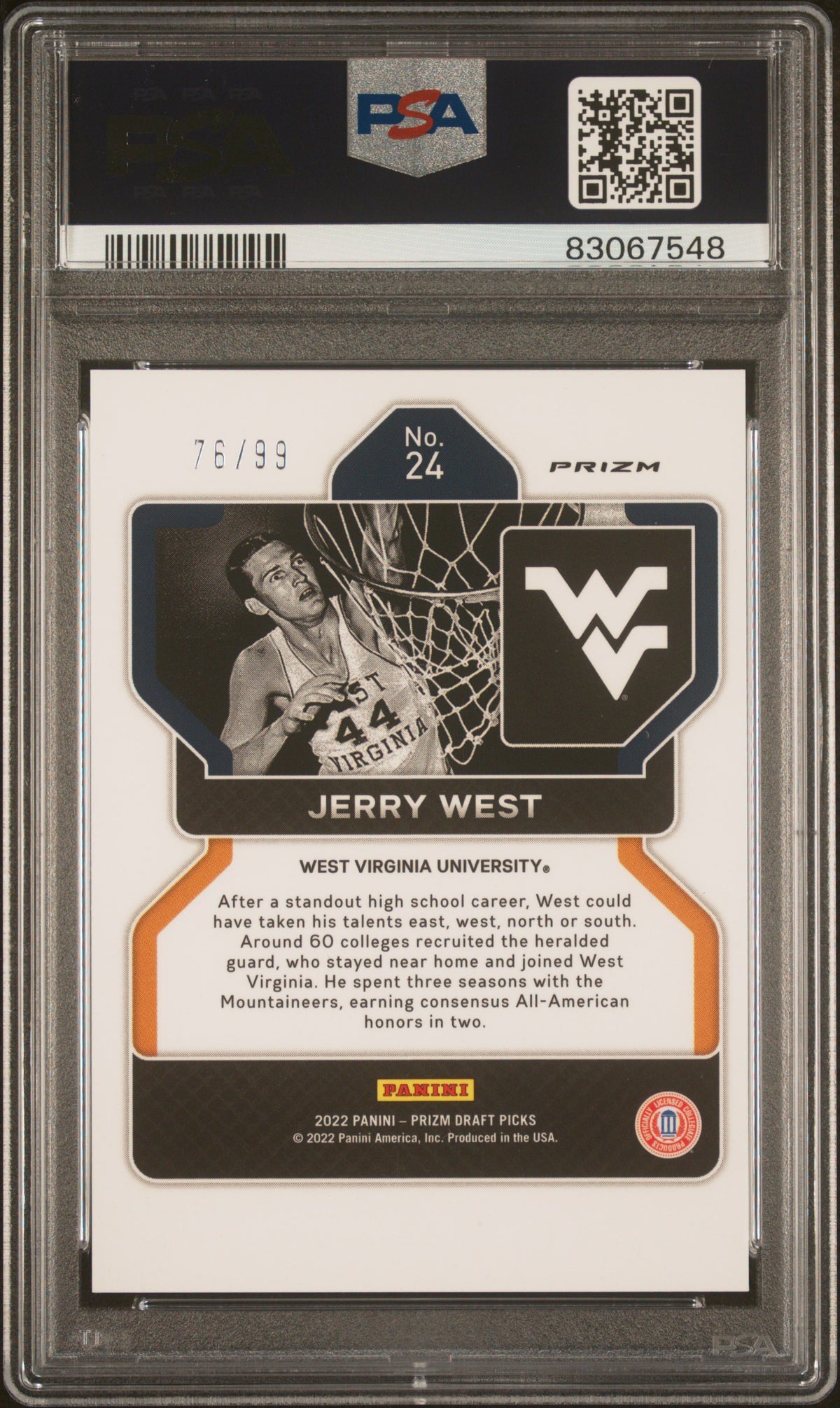 Jerry West 2022 Panini Prizm Blue Ice Signed Card #24 Auto Graded PSA 10 76/99-Powers Sports Memorabilia