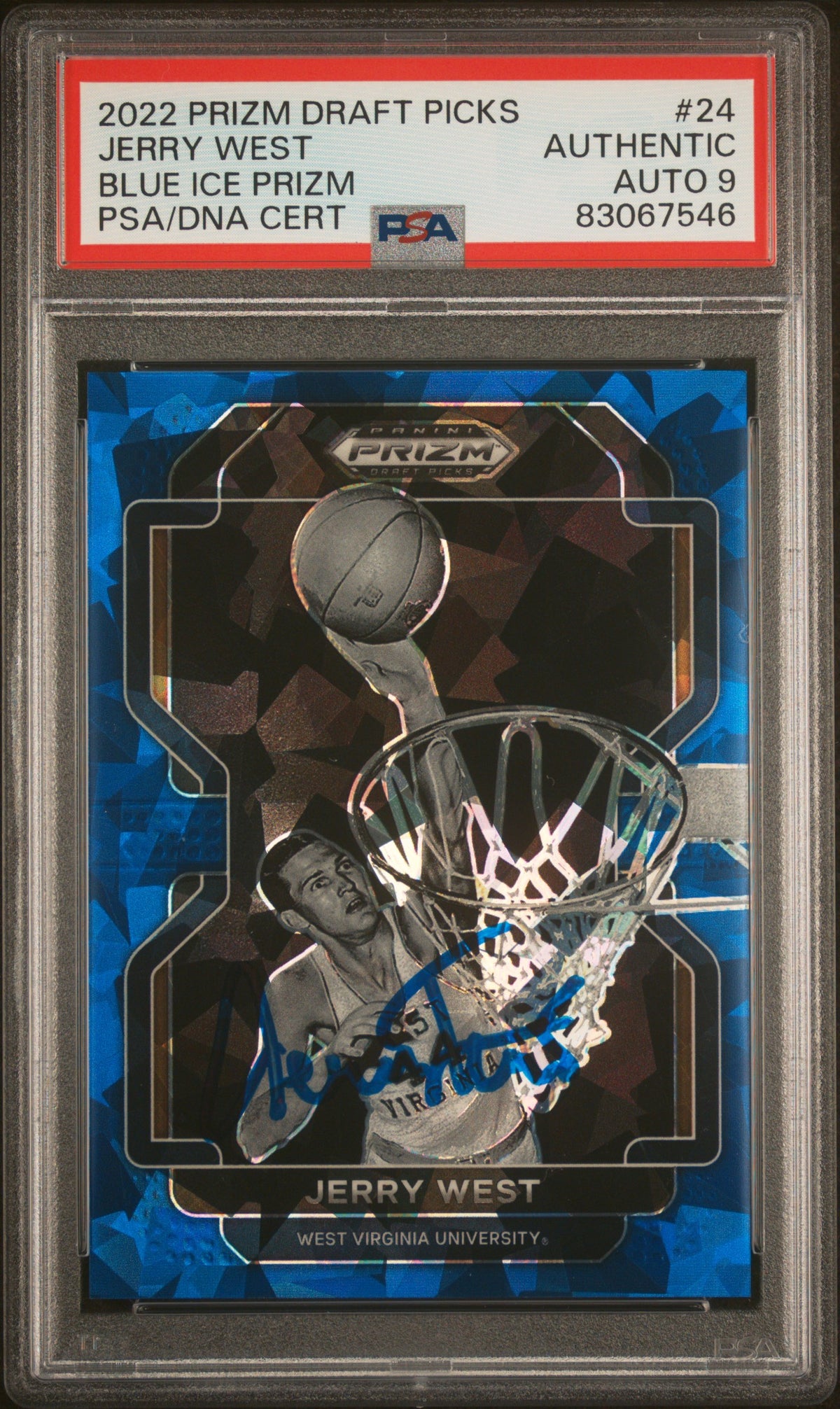 Jerry West 2022 Panini Prizm Blue Ice Signed Card #24 Auto Graded PSA 9 6/99-Powers Sports Memorabilia