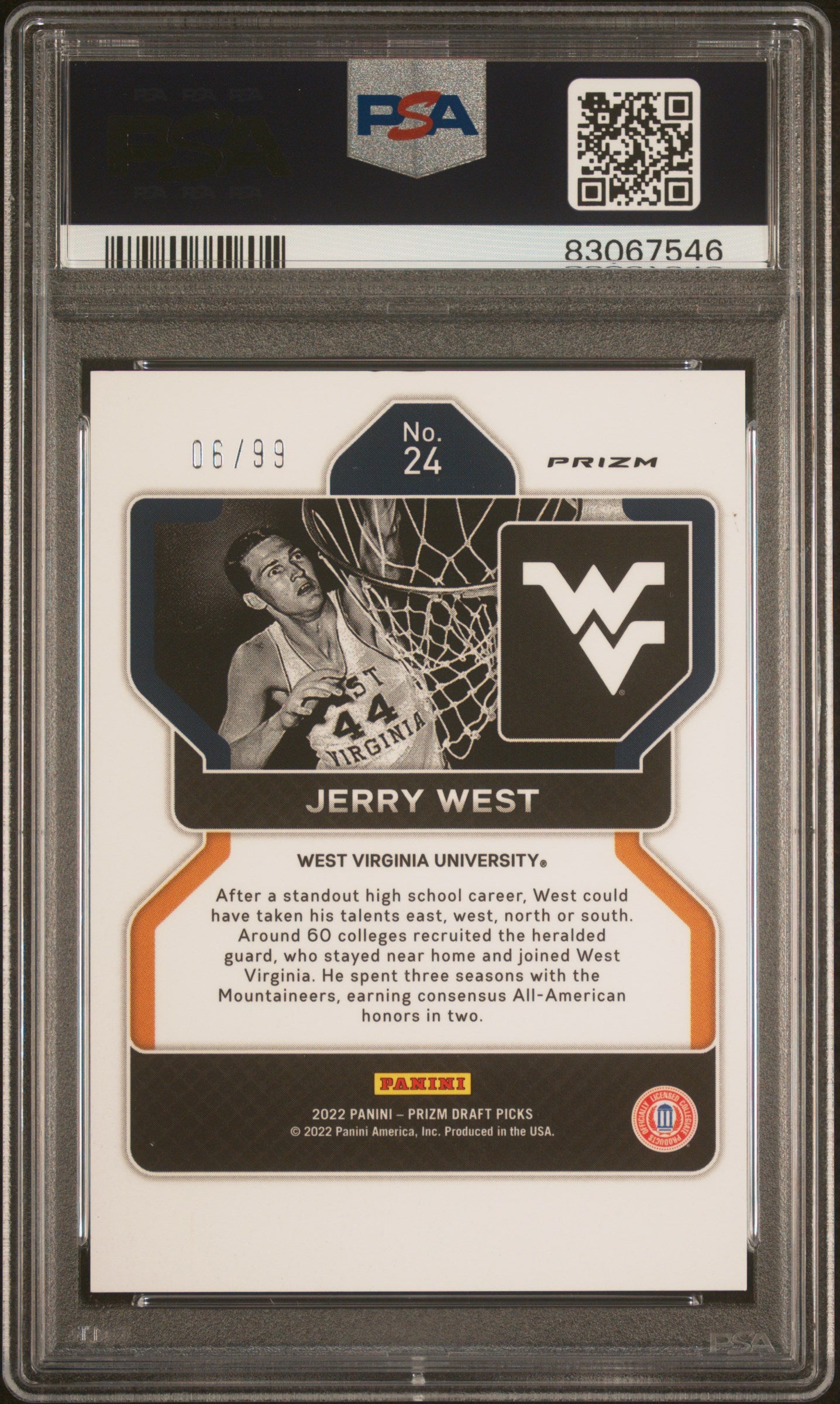 Jerry West 2022 Panini Prizm Blue Ice Signed Card #24 Auto Graded PSA 9 6/99-Powers Sports Memorabilia