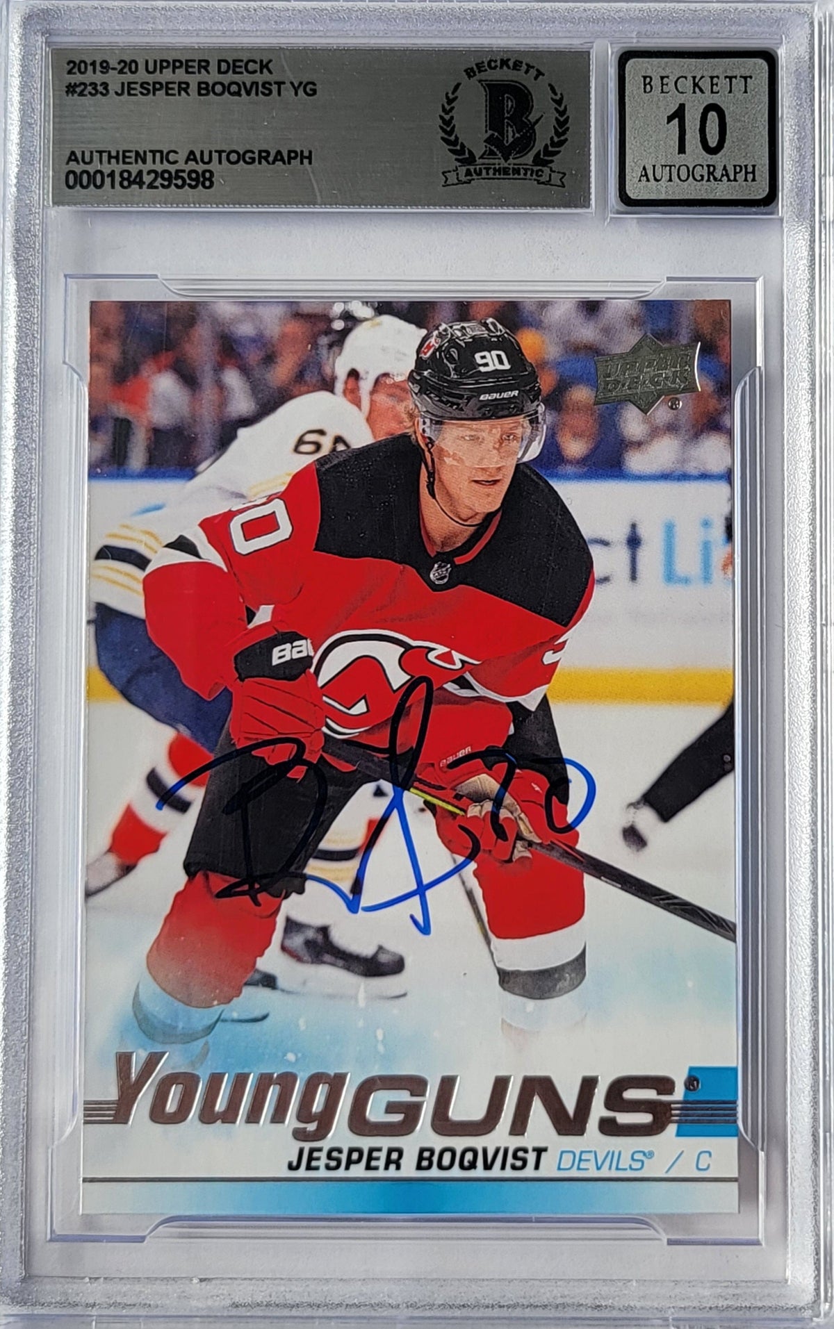 Jesper Boqvist Signed 2019-20 Upper Deck Young Guns Rookie Card Beckett Graded 10-Powers Sports Memorabilia