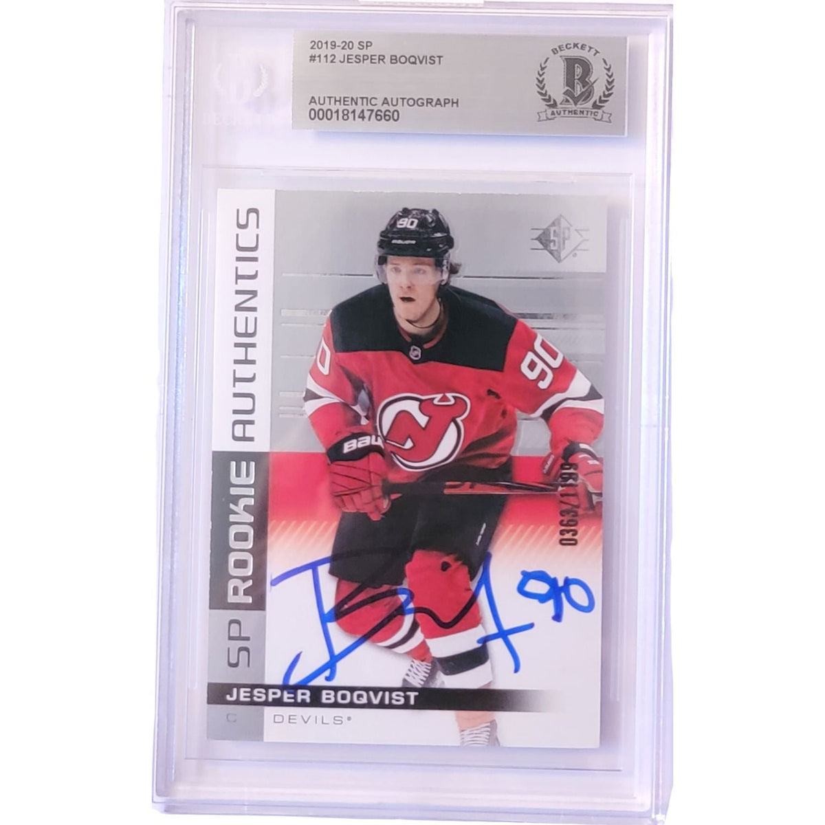 Jesper Boqvist Signed New Jersey Devils 2019-20 Upper Deck SP Card #112 Beckett Encapsulated-Powers Sports Memorabilia