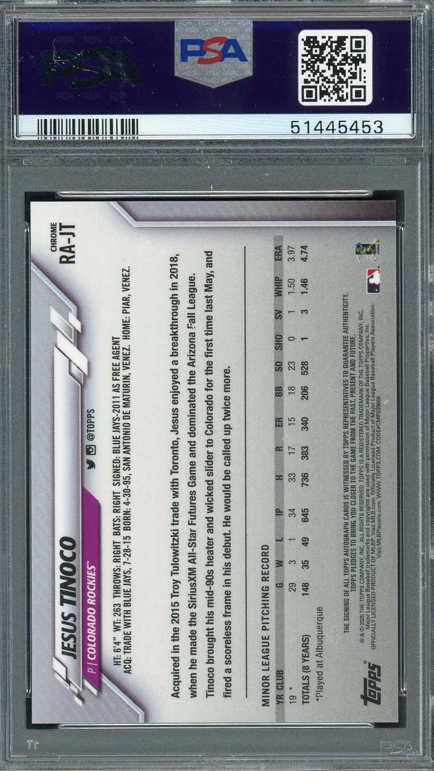 Jesus Tinoco 2020 Topps Chrome Rookie Autographs Card #RAJT PSA 9-Powers Sports Memorabilia