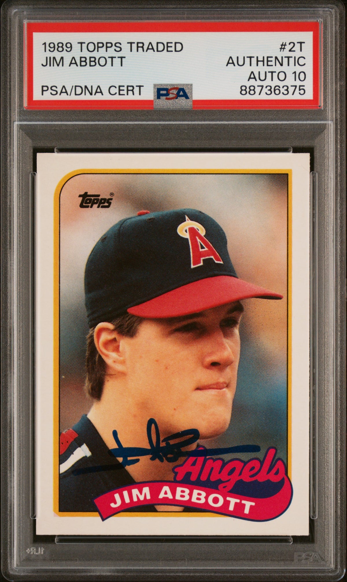 Jim Abbott 1989 Topps Traded Signed Rookie Card #2T Auto Graded PSA 10 88736375-Powers Sports Memorabilia