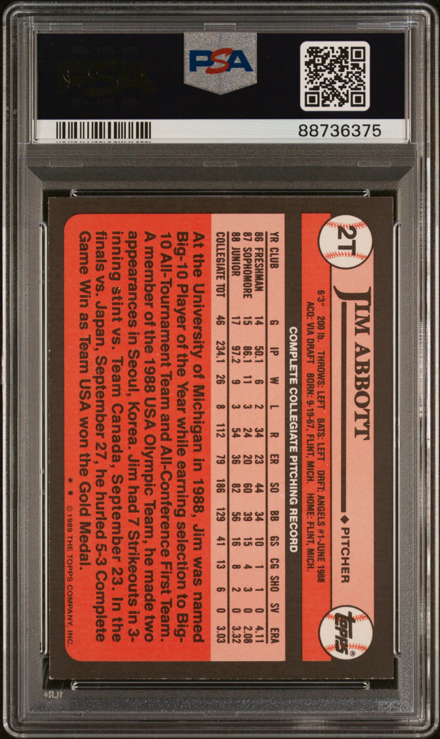 Jim Abbott 1989 Topps Traded Signed Rookie Card #2T Auto Graded PSA 10 88736375-Powers Sports Memorabilia