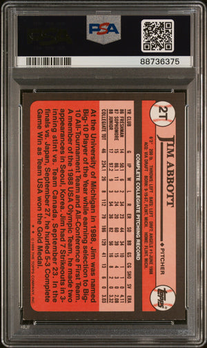 Jim Abbott 1989 Topps Traded Signed Rookie Card #2T Auto Graded PSA 10 88736375-Powers Sports Memorabilia