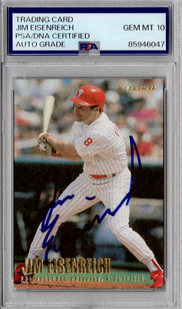 Jim Eisenreich Signed Philadelphia Phillies 1996 Fleer Card #496 PSA AUTO GRADE GEM MT 10-Powers Sports Memorabilia