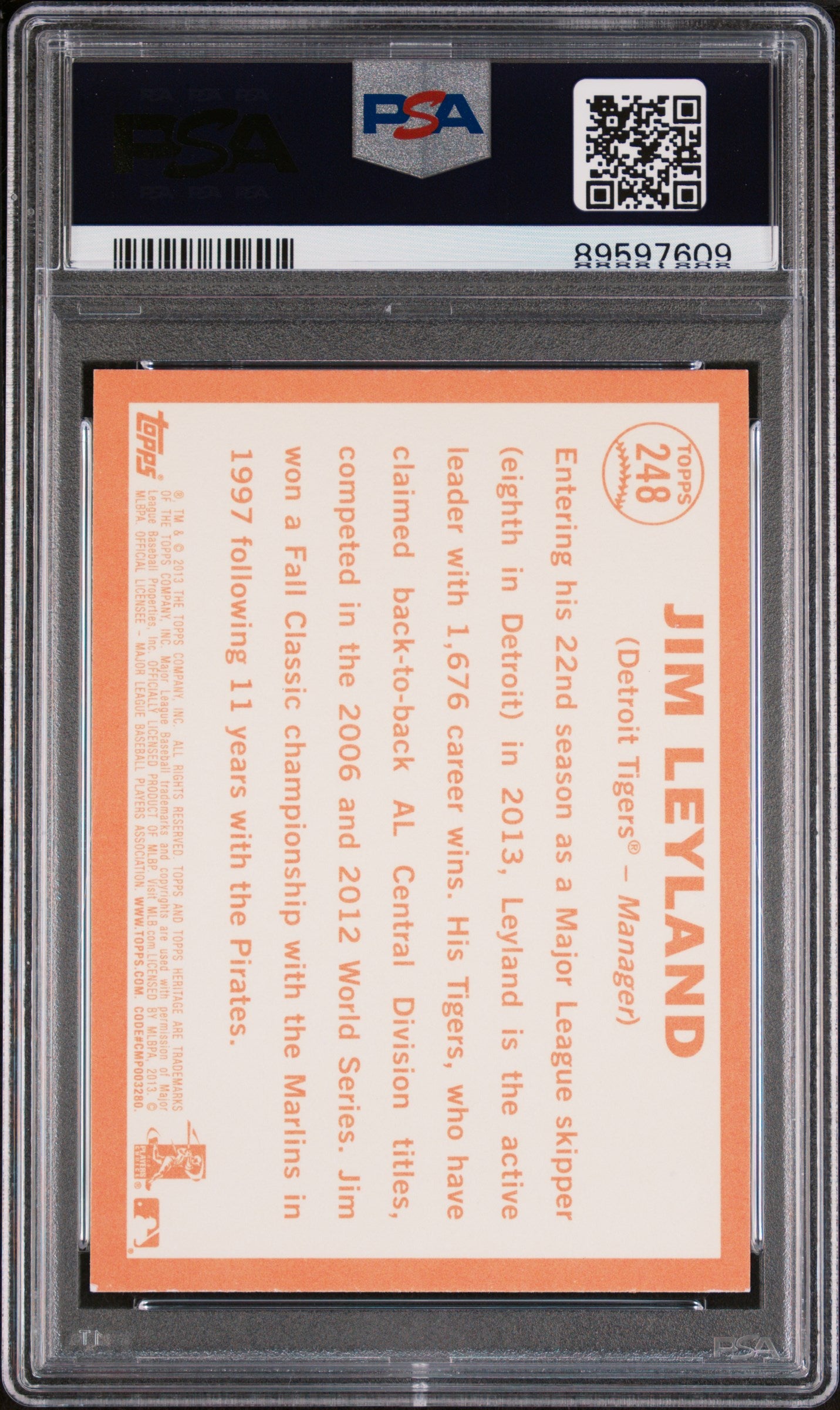 Jim Leyland 2013 Topps Heritage Signed Baseball Card #248 Auto Graded PSA 9 7609-Powers Sports Memorabilia