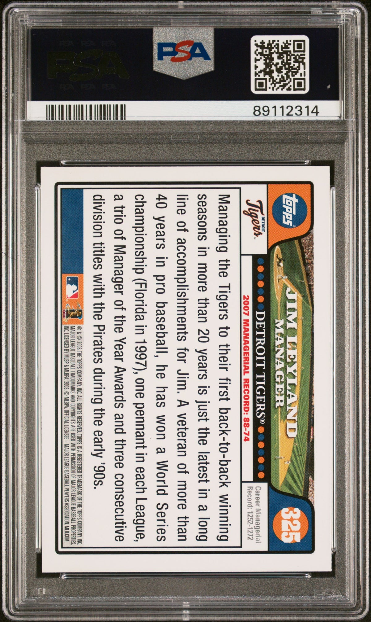 Jim Leyland 2008 Topps Signed Baseball Card #325 Auto PSA 89112314-Powers Sports Memorabilia