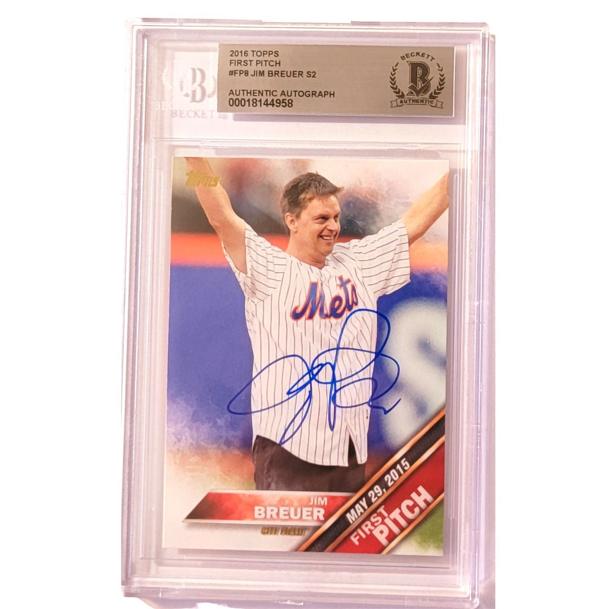 Jim Breuer Signed New York Mets 2016 Topps Fist Pitch Card #FP-8 Beckett Encapsulated-Powers Sports Memorabilia