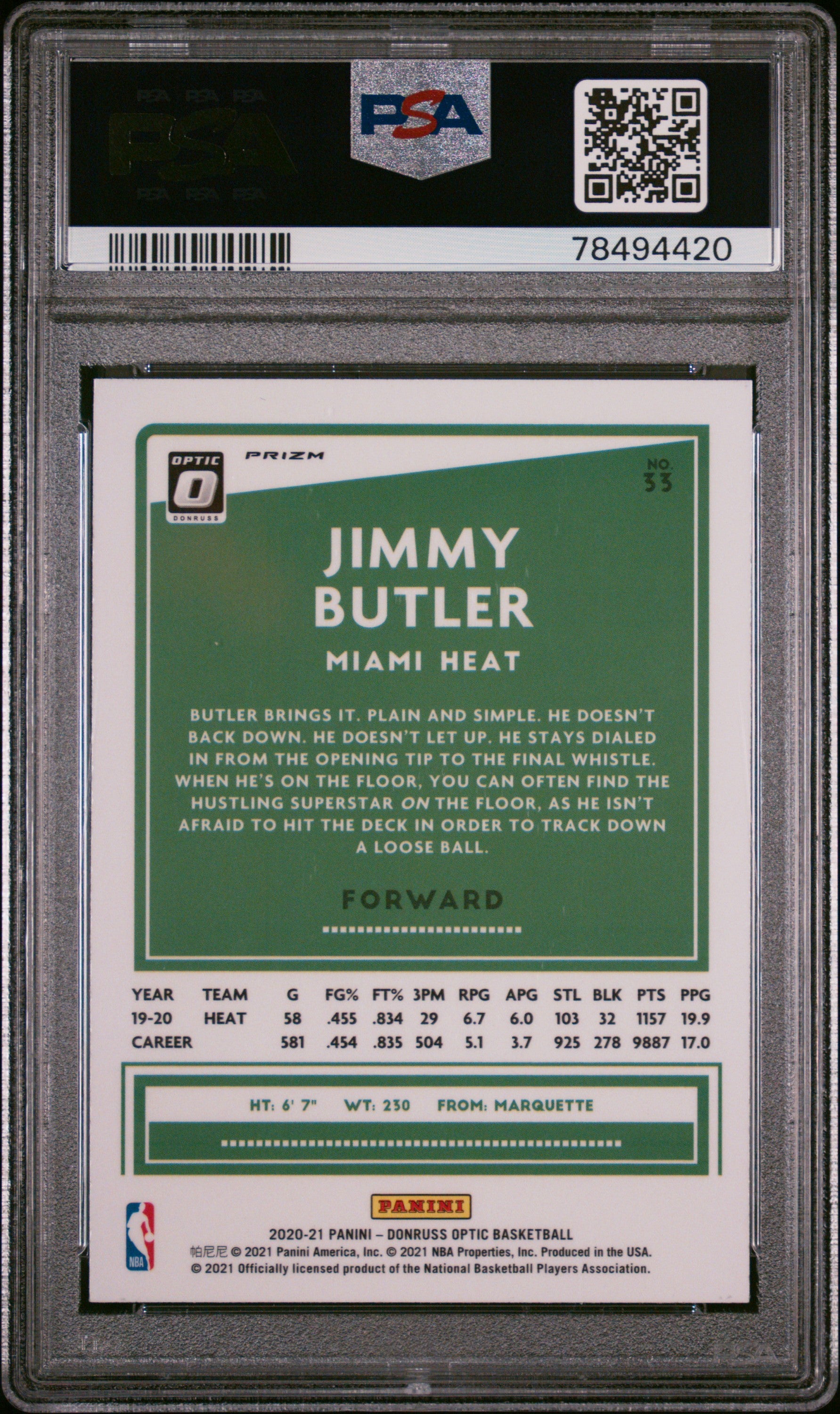 Jimmy Butler 2020 Panini Donruss Optic Silver Pulsar Basketball Card #33 PSA 9-Powers Sports Memorabilia
