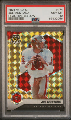Joe Montana 2021 Panini Mosaic Reactive Yellow Football Card #174 Graded PSA 10-Powers Sports Memorabilia