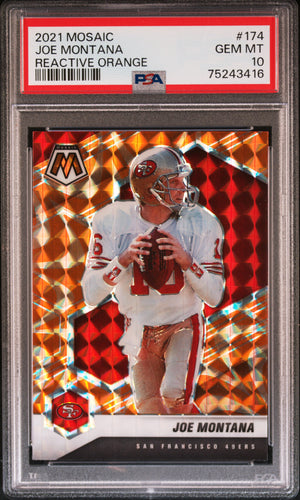 Joe Montana 2021 Panini Mosaic Reactive Orange Football Card #174 Graded PSA 10-Powers Sports Memorabilia