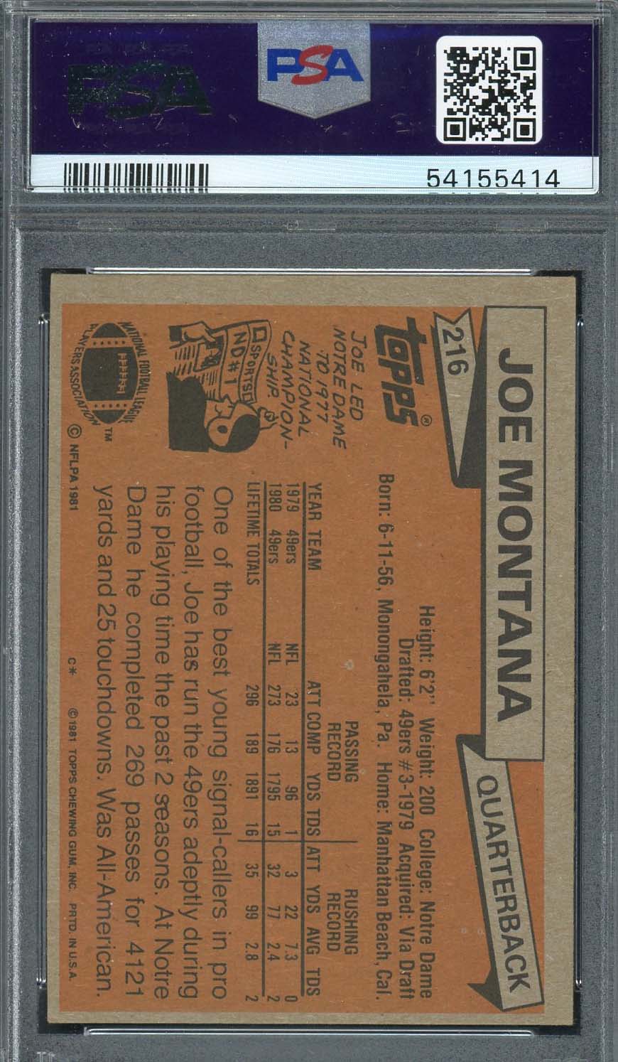 Joe Montana 1981 Topps Football Rookie Card #216 Graded PSA 5-Powers Sports Memorabilia