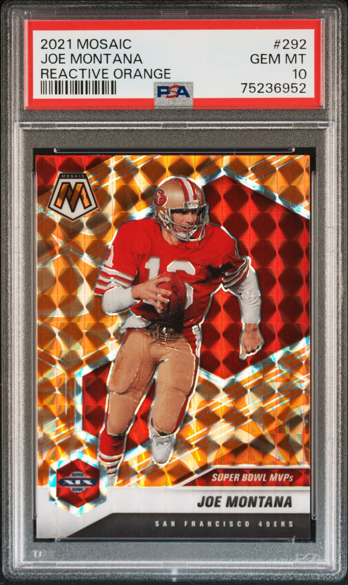 Joe Montana 2021 Panini Mosaic Reactive Orange Football Card #292 Graded PSA 10-Powers Sports Memorabilia