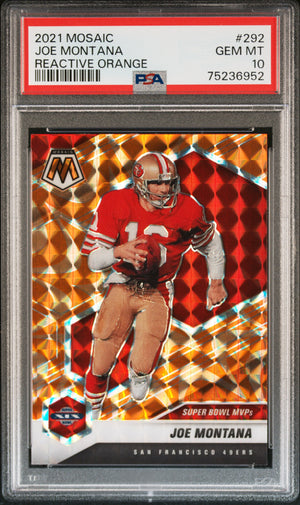 Joe Montana 2021 Panini Mosaic Reactive Orange Football Card #292 Graded PSA 10-Powers Sports Memorabilia